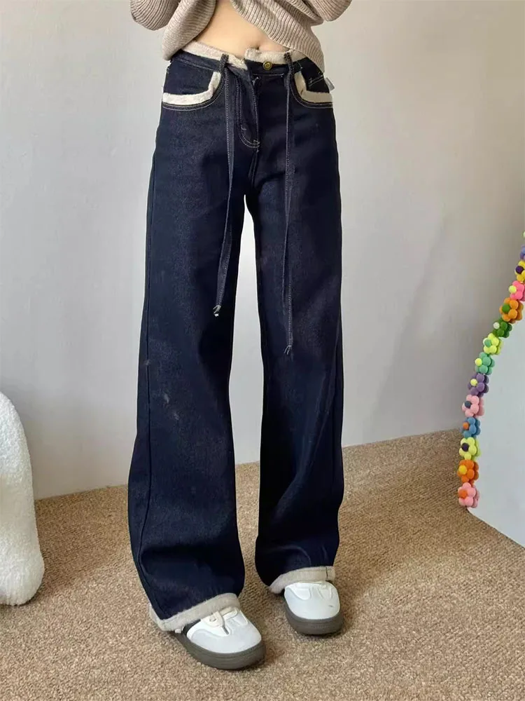 Plus size feminino Thiened Fce forrado jeans de perna larga cintura alta emagrecimento vintage azul retalhos calças compridas casuais