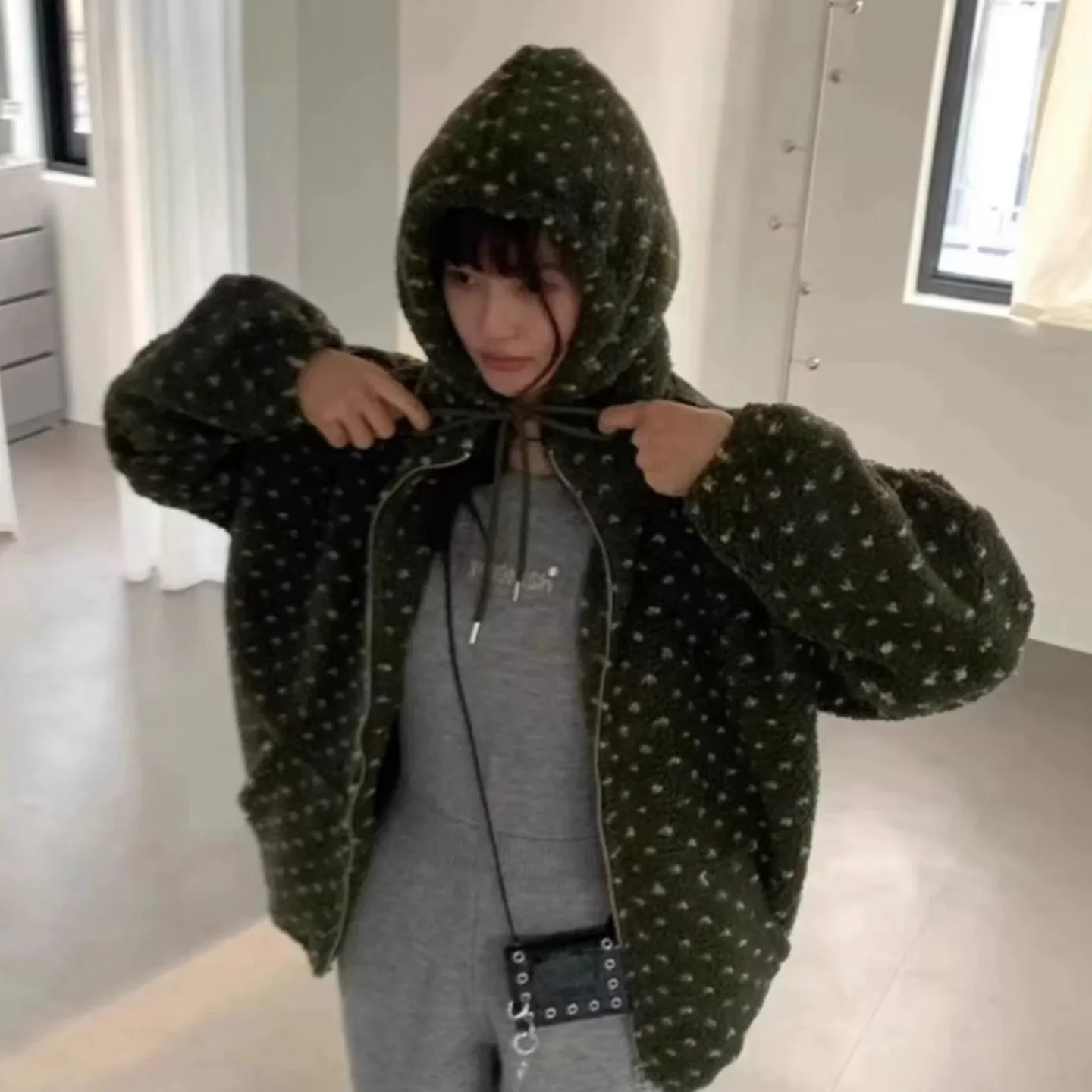 Winter Polka Dot Hooded Zipper Design Fleece Jacket Women's Korean Style Polyester Fiber 100% Ladies Coat Polyester Fiber