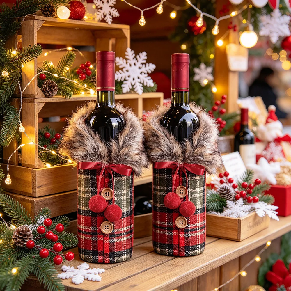1pc/2pcs Christmas Red Wine Bottle Cover, Red Grid Plush Wine Bottle Cover, Christmas Table Dinner Decor Bag for Restaurant Home