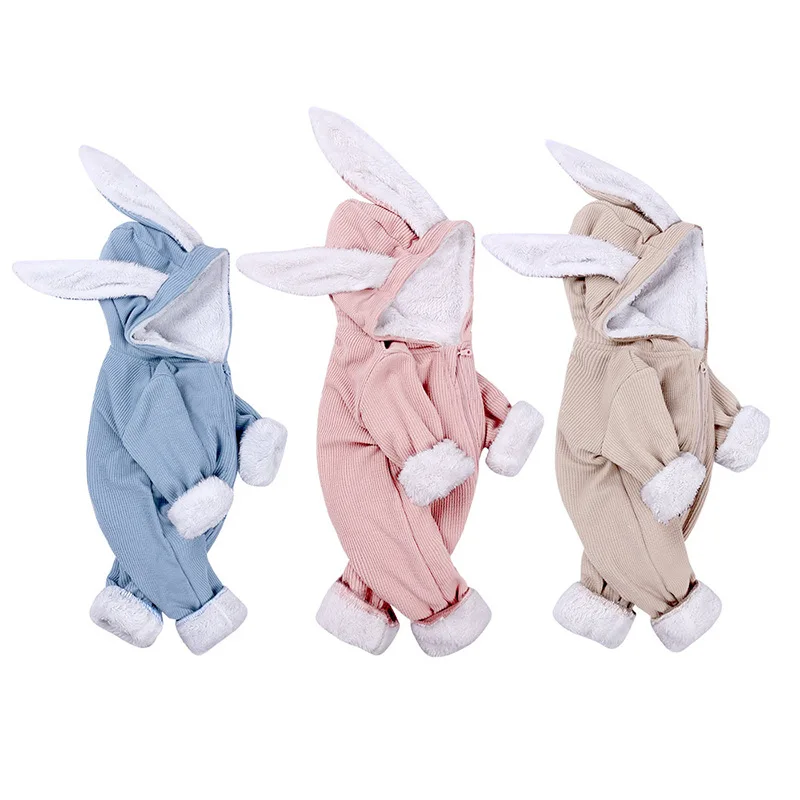Winter Newborn Baby Romper with Rabbit Ear Design Fleece Lined Crawler Suit Unisex Pure Color Jumpsuit for Boys And Girls