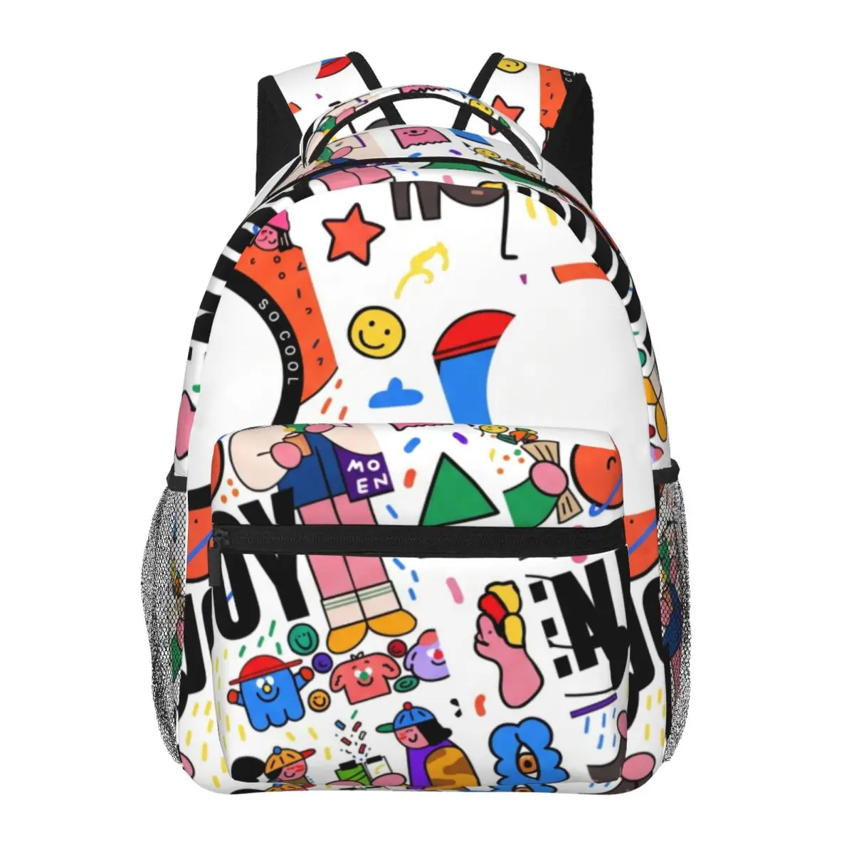 Cute Student Backpack Tossed Colorful Characters Vibrant Artistic White Multicolor Printed Bookbag with Pockets for School Work