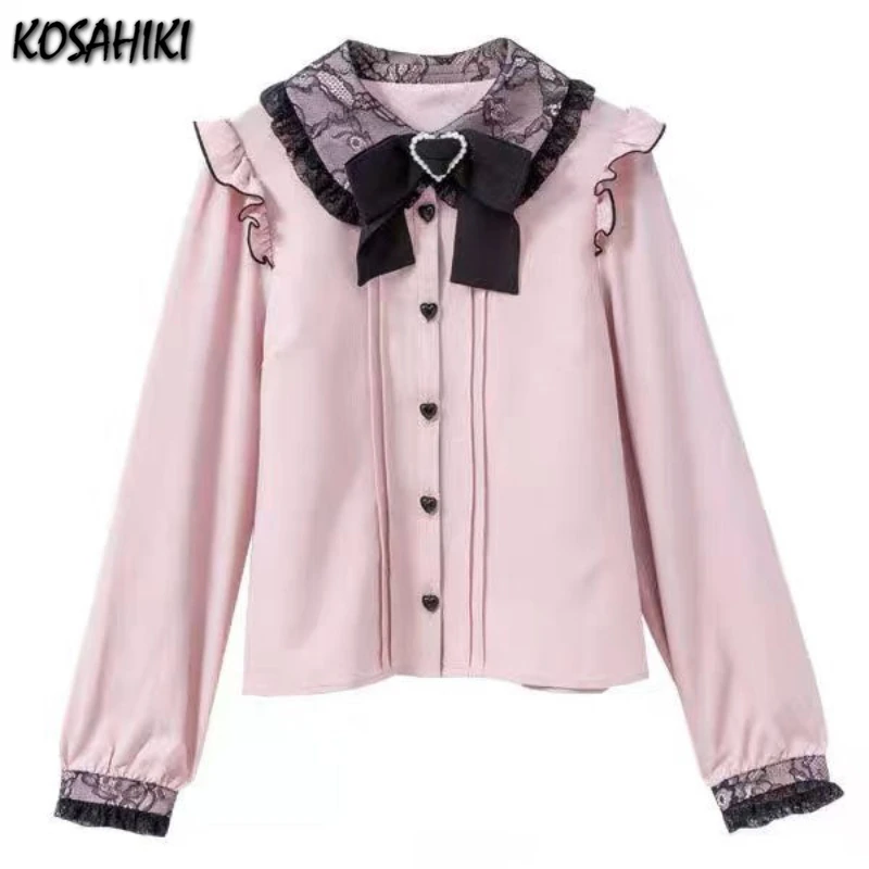 Japanese Kawaii Girl Lolita Long Sleeve Shirt Autumn Y2k Aesthetic Lace Patchwork All Match Blouse Women JK Bow Sweet Cute Tops