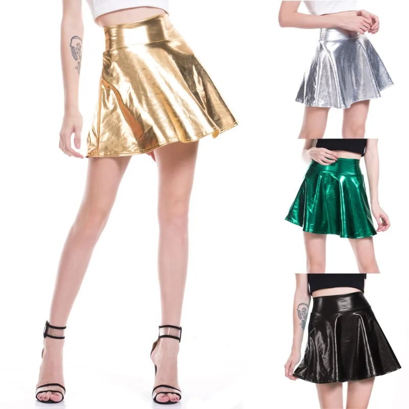 

Women's Pleated Shot Dresses New European American Nightclub Stage Solid Color Performance Clothing Fashion PU Umbrella Skirt