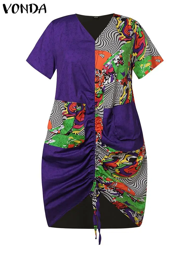 VONDA-vestido de verano de talla grande para mujer, traje holgado con estampado Vintage, cuello en V, estilo bohemio, para fiesta, 2024