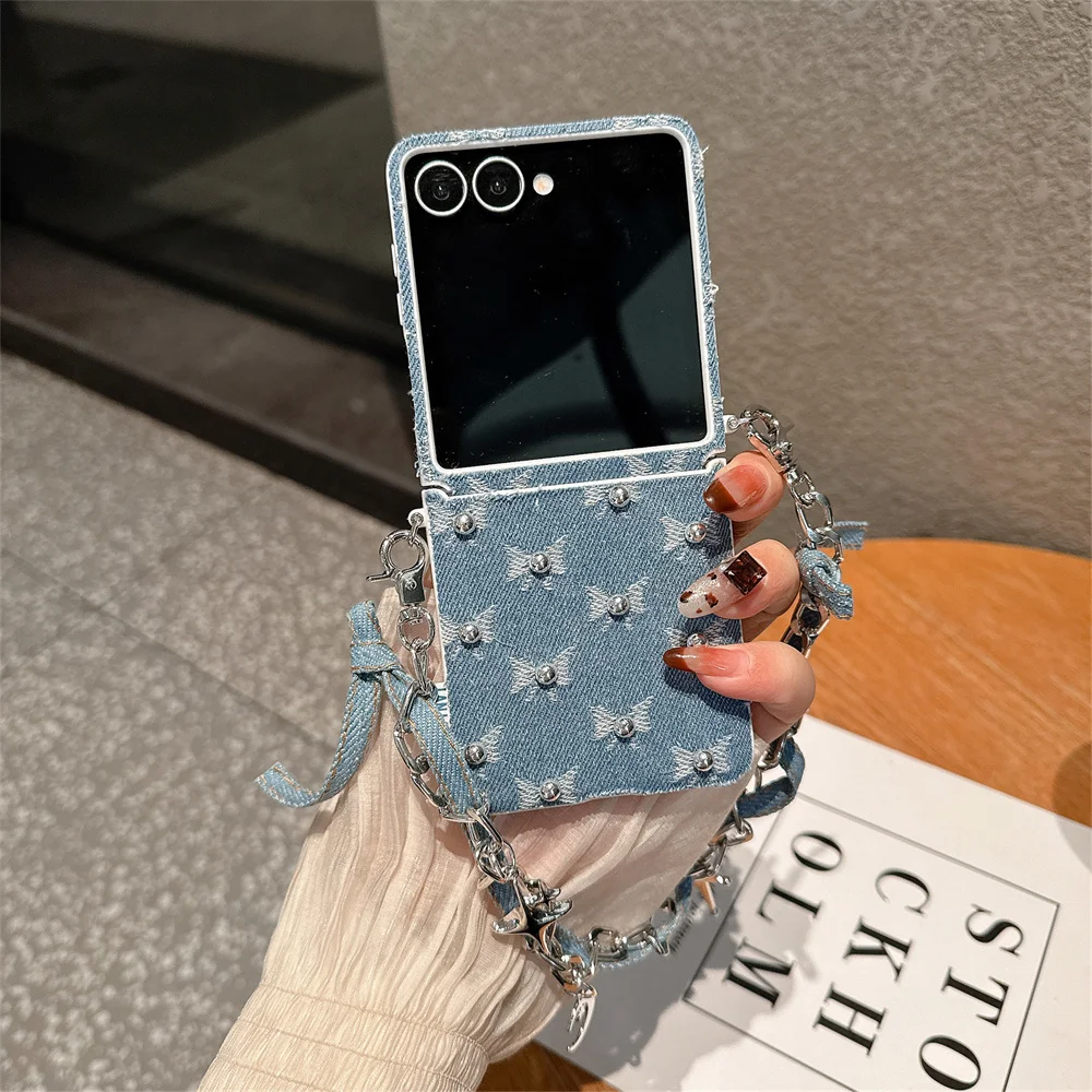

Fashion Denim embroidered bow phone case for Samsung Z Flip 7 Case Galaxy Z Flip 5 6 flip 6 cover hand strap cute Fundas Cases