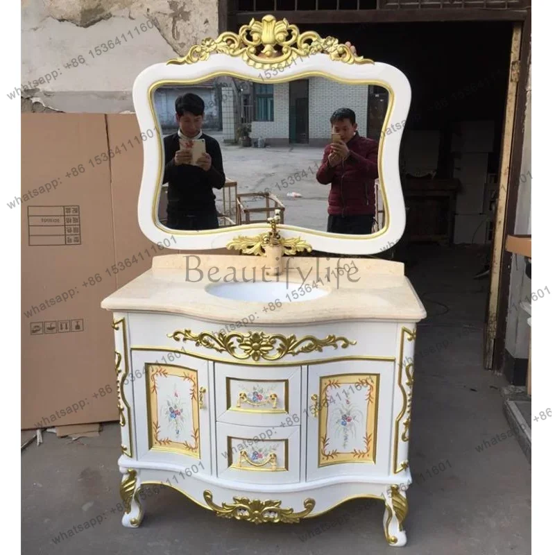 European style bathroom antique painted bathroom cabinet, floor standing solid wood marble countertop cabinet