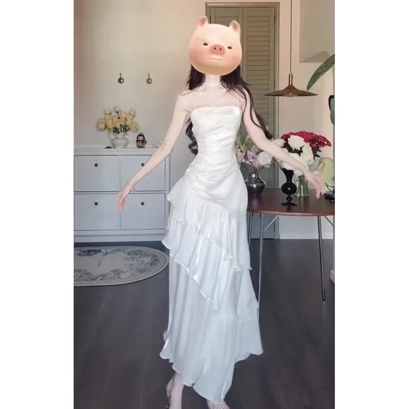 Vestido de Verão ular com Detalhes em Renda e Alças de Cetim para Mulheres, Estilo Coreano, Saia Longa com Cintura Ajustada