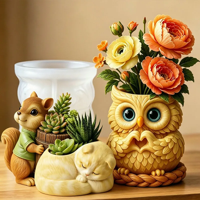 Molde de Silicone 3D para Vaso de Plantas Suculentas em Formato de Animais (Esquilo, Cachorro, Gato, Urso, Coruja, Polvo) e para Vaso de Cimento, Suporte de Vela e Porta-Canetas