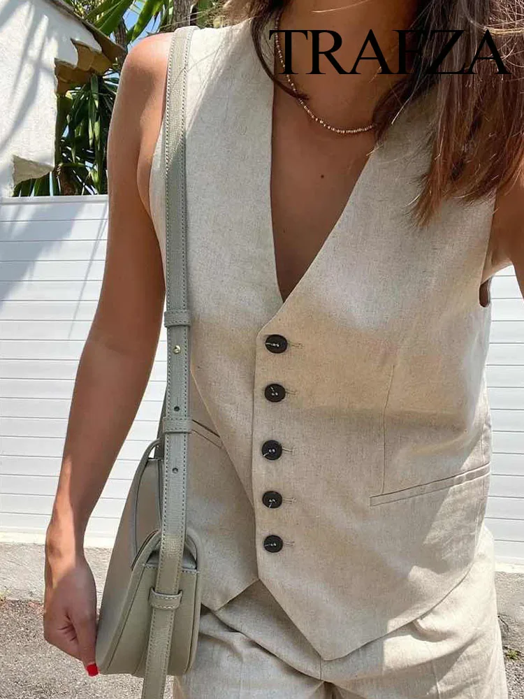 TRAFZA Women\'s Fashion Solid Linen Waistcoat Top V Neck Button Loose Casual Vest Summer Woman Streetwear Chic Vests Waistcoat