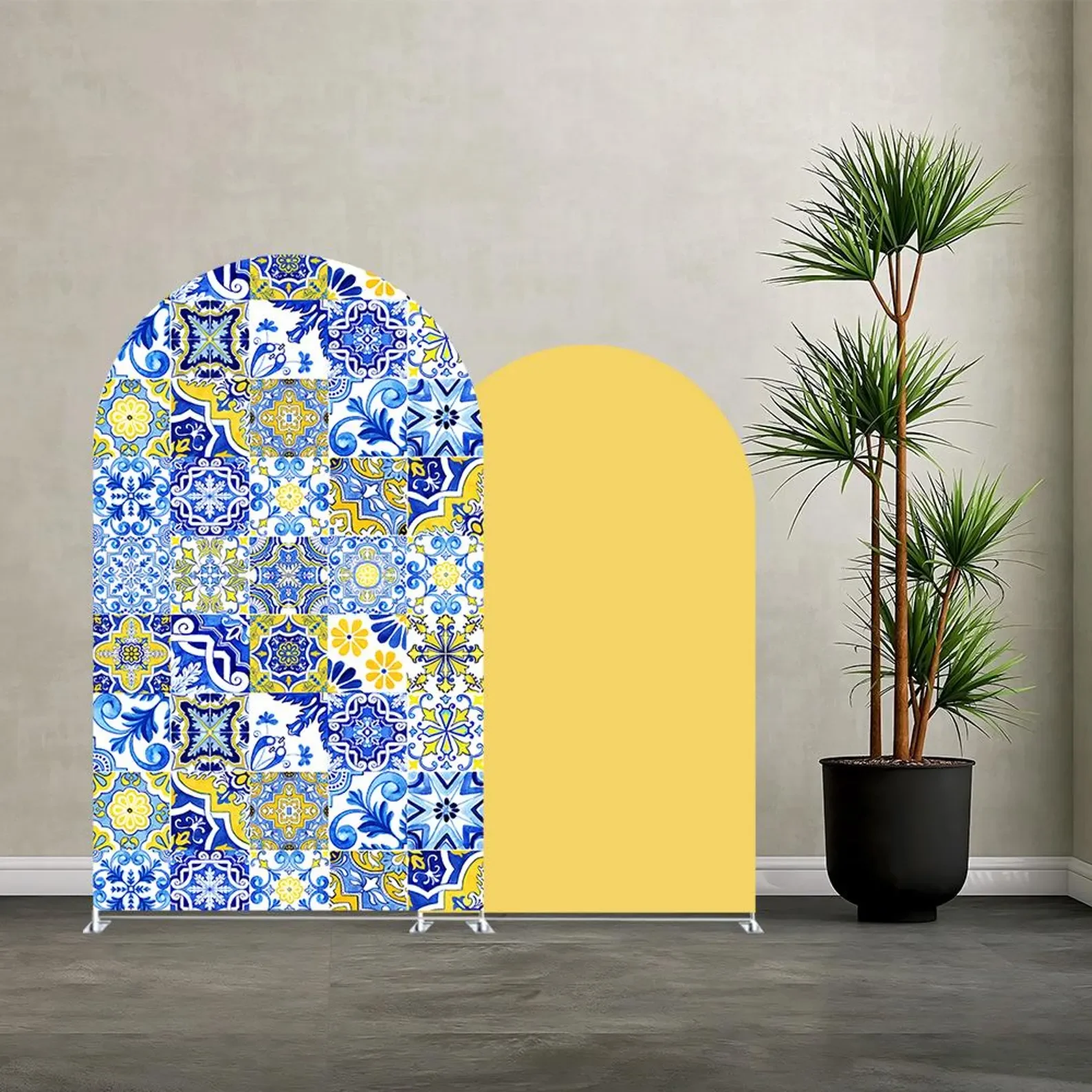 Mediterranean Lemon Blue Mosaic Tile Spandex Arch Backdrop Cover Wedding Bridal Shower Photo Booth Party Decor