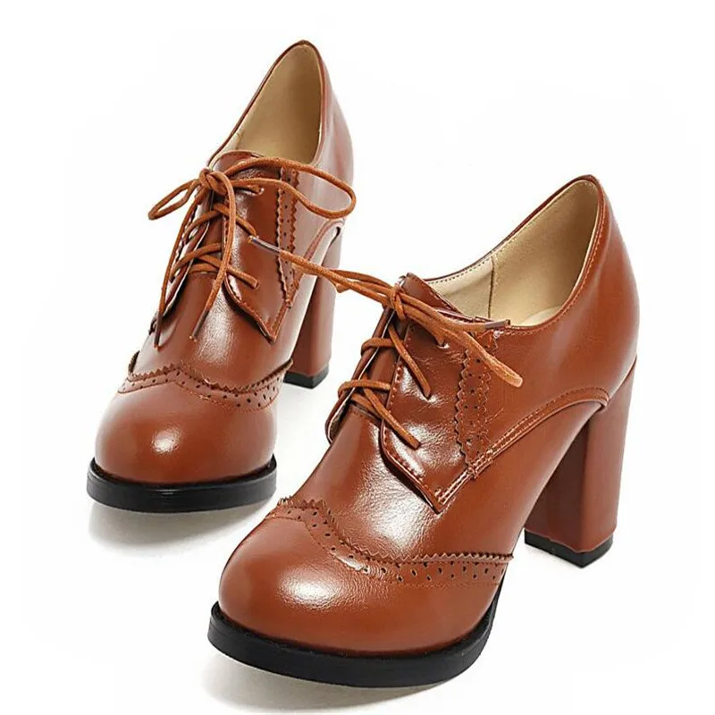 

Vintage Women Lace Up Pumps Square Heel Pointed Toe 7.5CM High Heel Shoes British Style Oxfords Shoes Low Top Student Shoes