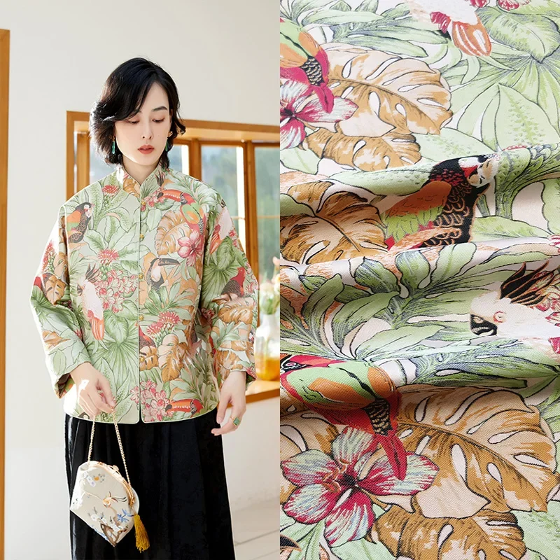 Jacquard Brocade Fabric Yarn-dyed Parrot Figure High-definition Tang Suit Cheongsam Wind Clothes Cloth by the Yard