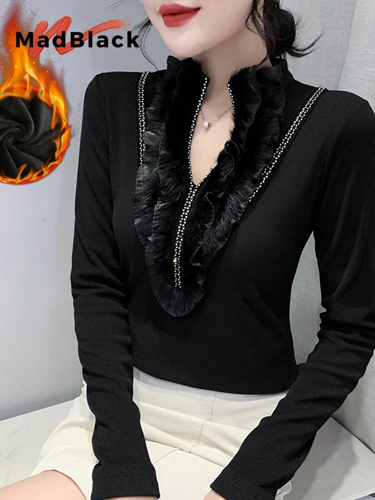 

MadBlack-Женская флисовая футболка в европейском стиле, сексуальный V-образный вырез с бриллиантами в стиле пэчворк, уличная тонкая футболка с длинными рукавами M-3XL, осень 2020 T5O837CC