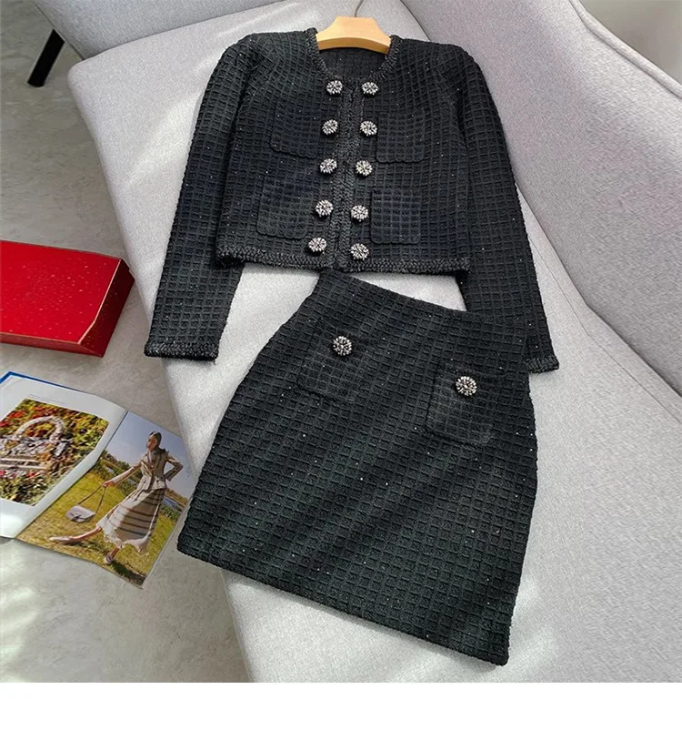 

Роскошный осенний двубортный вязаный комплект из двух предметов с кристаллами и блестками, женский кардиган с длинными рукавами, куртка, юбка-карандаш, костюмы