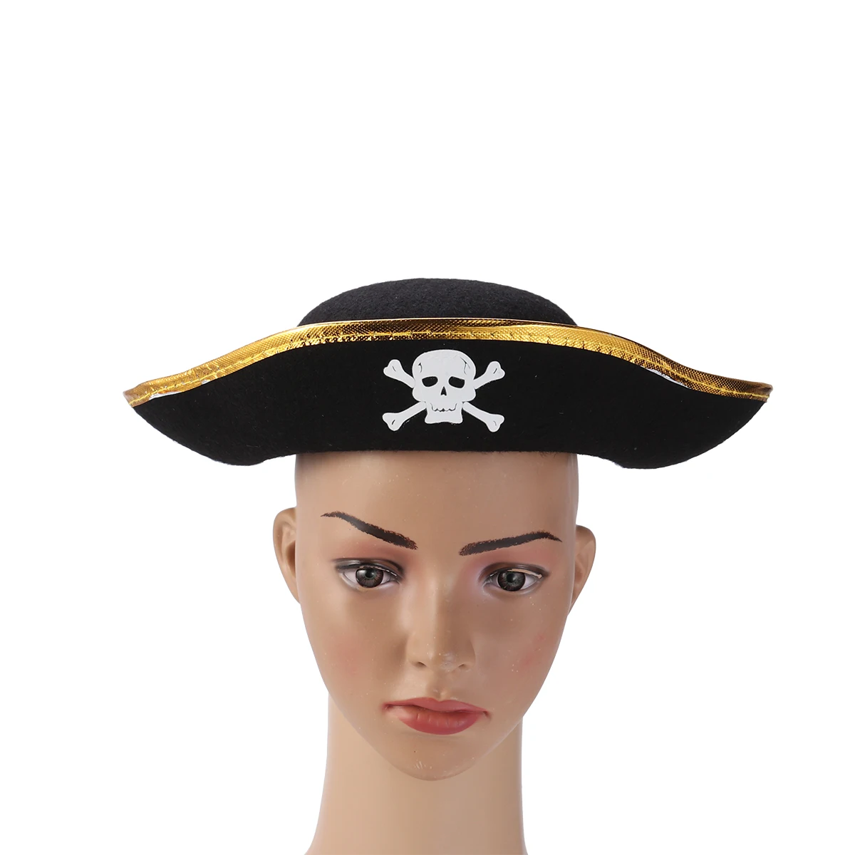 2Pcs Skull Printed Felt Hat Golden Rim Pirate Triangular Cap Halloween Cosplay Party Costume Accessory Man Woman DIY Costumes