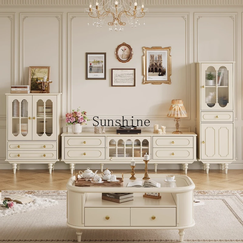 

Solid wood cream style dining side transparent single door glass light luxury living room storage floor cabinet