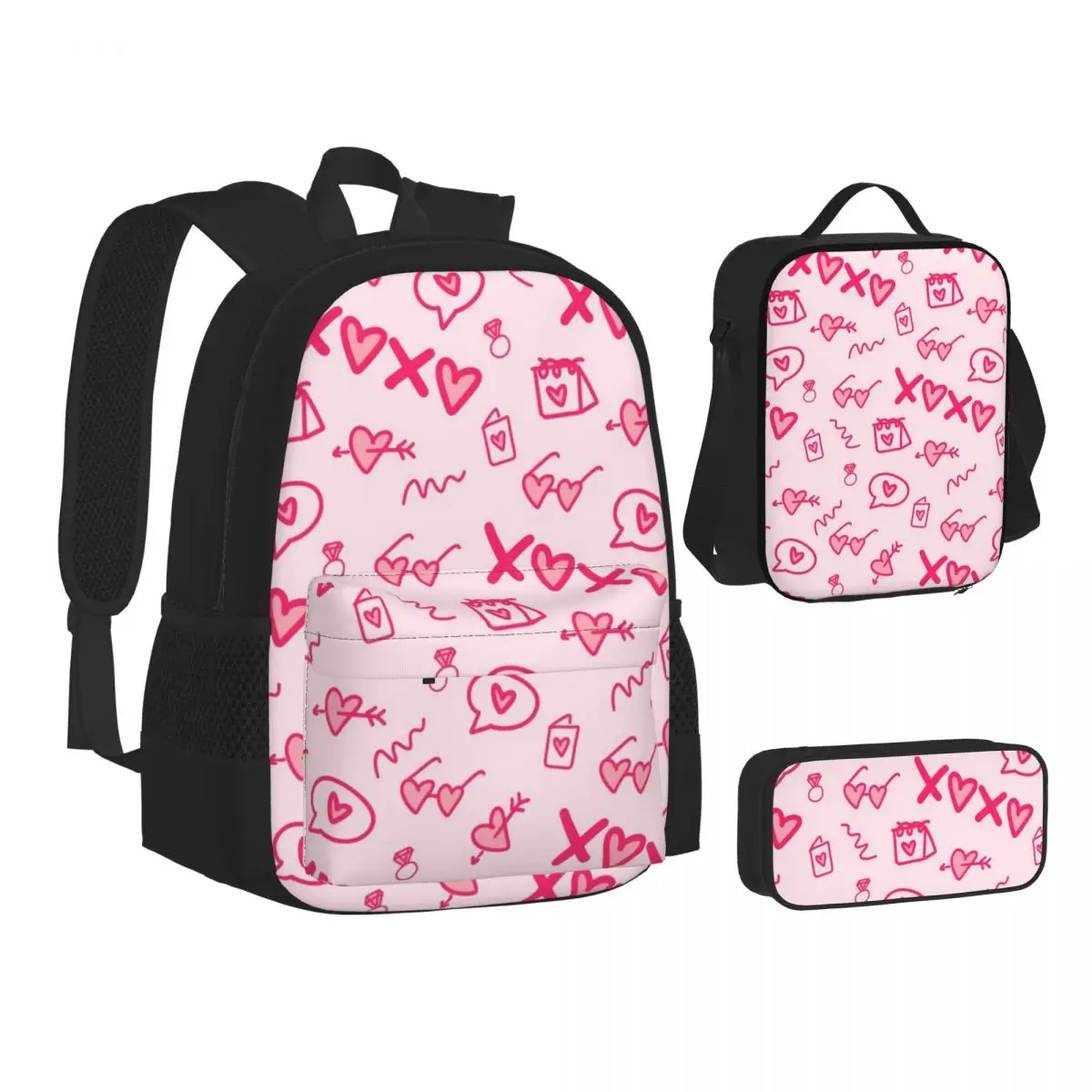 Pink Pattern Student backpack, crossbody dining bag, storage pen bag, 3 piece set