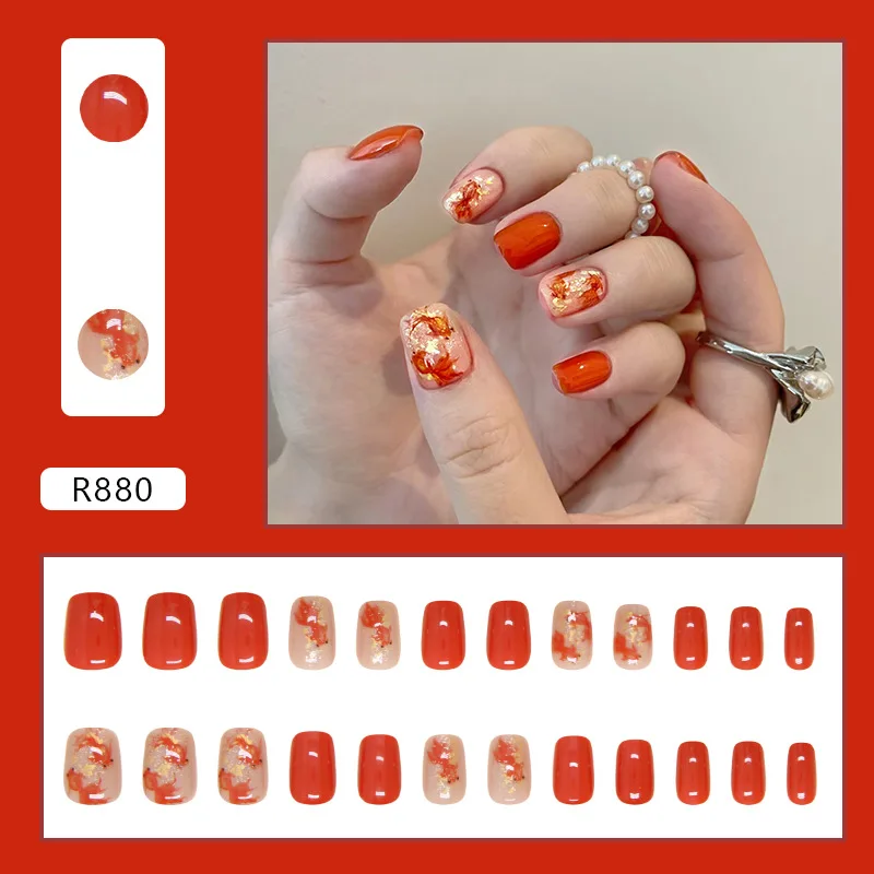 24pcs Stick on False Nails with Glue Koi Solid Color Short Fake Nails with Design Nail Art Reusable Press on Nails with Charms