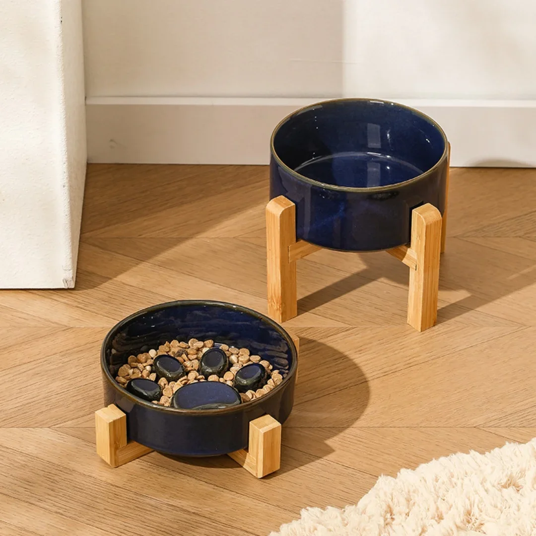 Elevated Ceramic Pet Bowl, Anti-Tip Slow Feeder Dog Cat Food Water Bowl, Neck Protection Raised Bowl for Healthy Digestion