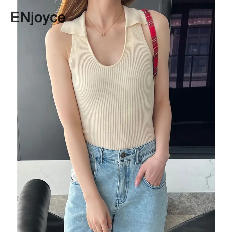 

ENjoyce Women Hanging Neck Suspender Knit Vest Korean Fashion V-neck Sleeveless Knitwear Pullover Crop Tank Tops Y2K Streetwear