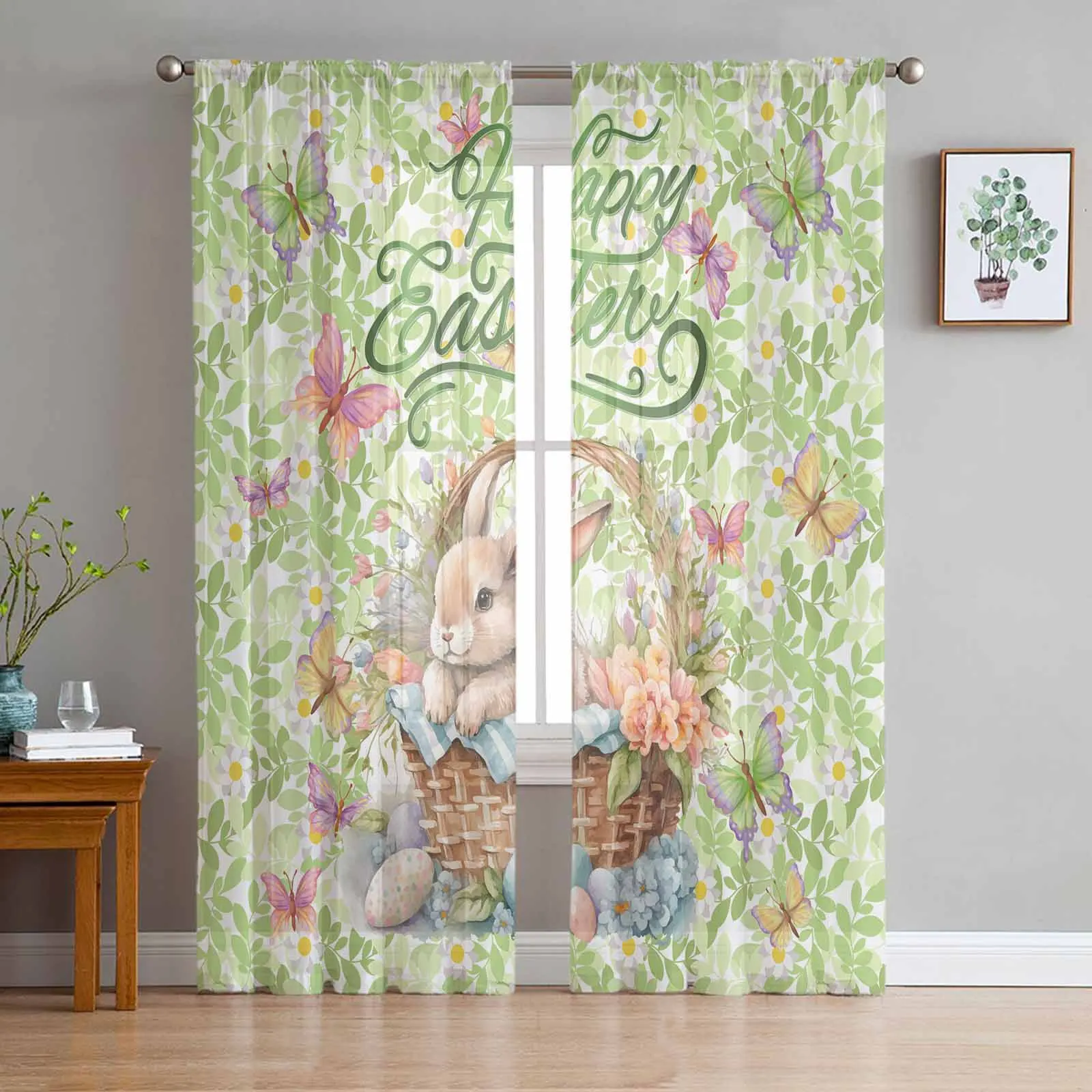 Easter Bunny Flowers Butterfly Sheer Curtains for Living Room Kitchen Window Curtains Bedroom Tulle Voile Curtains