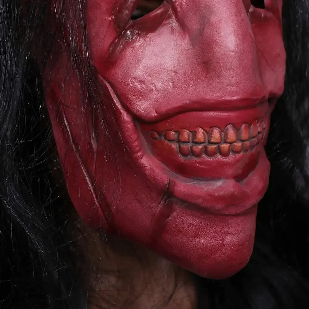 HLH Scary Long Hair Red Face Devil Mask Exposed Teeth Latex Headgear Wig Halloween Mask Spooky Creativity Horror Face Masks