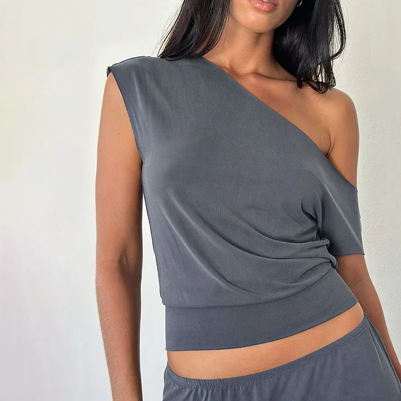 

Summer Women's Gray Off-Shoulder Short Sleeve Top Sexy Skew Collar Slanted Shoulder T-Shirt Streetwear