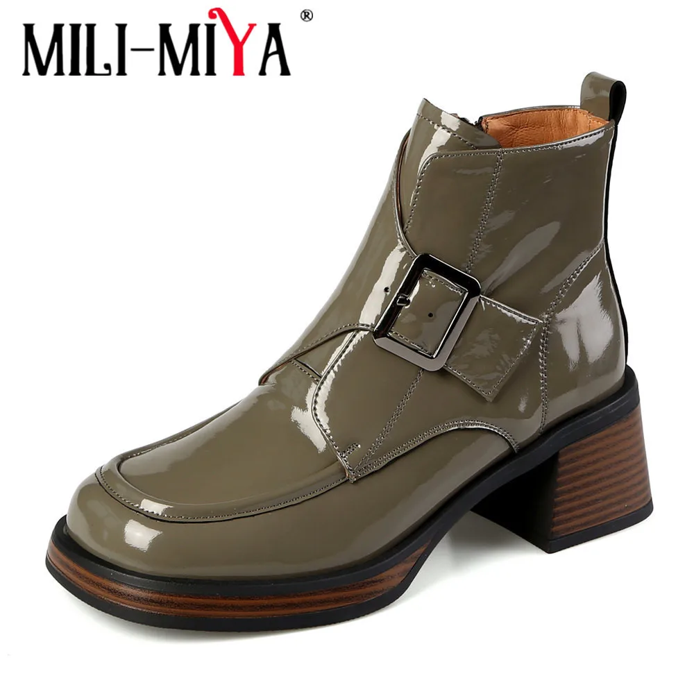 

MILI-MIYA Fashion Women Sheep Patent Leather Ankle Boots Round Toe Thick Heels Solid Color Plus Size 34-40 Autumn Winter Shoes