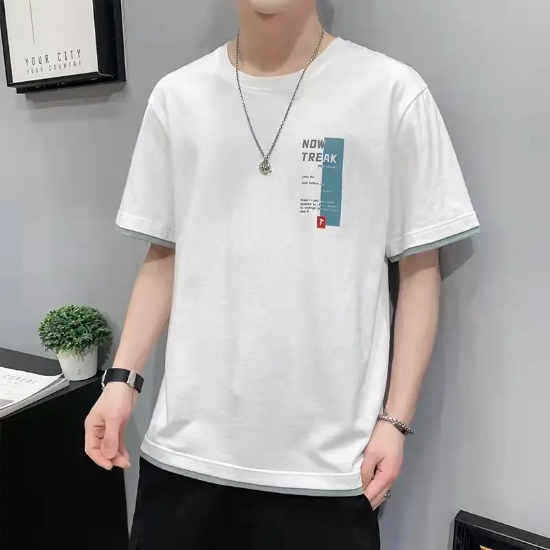 Summer New Round Neck Short Sleeve Casual Korean Version Men's Clothing Loose Trend Printed Solid Color All-match Youth T-shirt