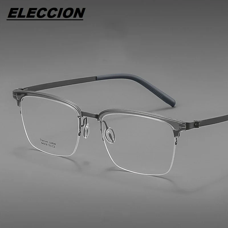 

ELECCION Titanium Glasses Frame Men Square Hlaf Rim Screwless Eyewear 2024 New Male Classic Eyeglass Frames