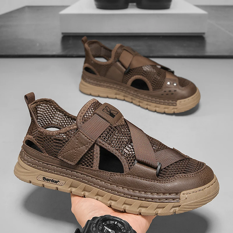 Sandalias transpirables de verano para hombre, zapatos de playa informales de malla, Sandalias de cuero para exteriores para hombre, zapatos acuáticos de secado rápido, zapatos para caminar