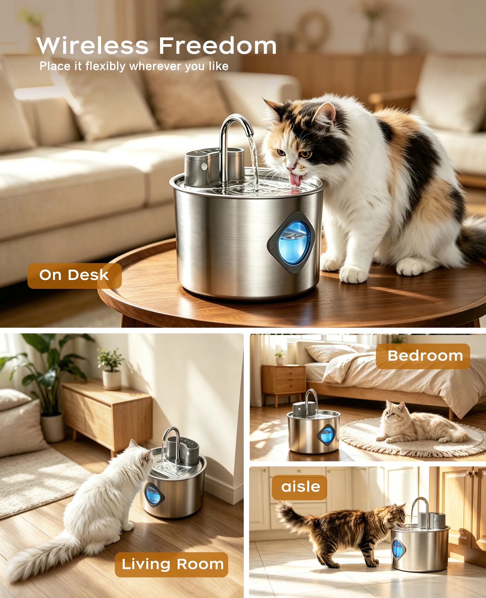 Cordless Wider Tray Dog Water Fountain, 4000mAh Battery Operated Dog Water Bowl Dispenser with Motion Sensor, Stainless Steel Pet Water Fountain for Multi-Pets, Easy Setup & Clean, 2.2L