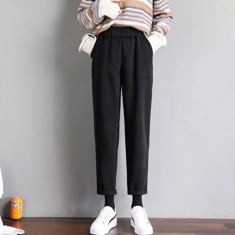 

High Waist Slim Pocket Simple Harem Pants 2023 Autumn Winter Fashion Women Trousers Office Lady Loose Elastic Waist Woolen Pants