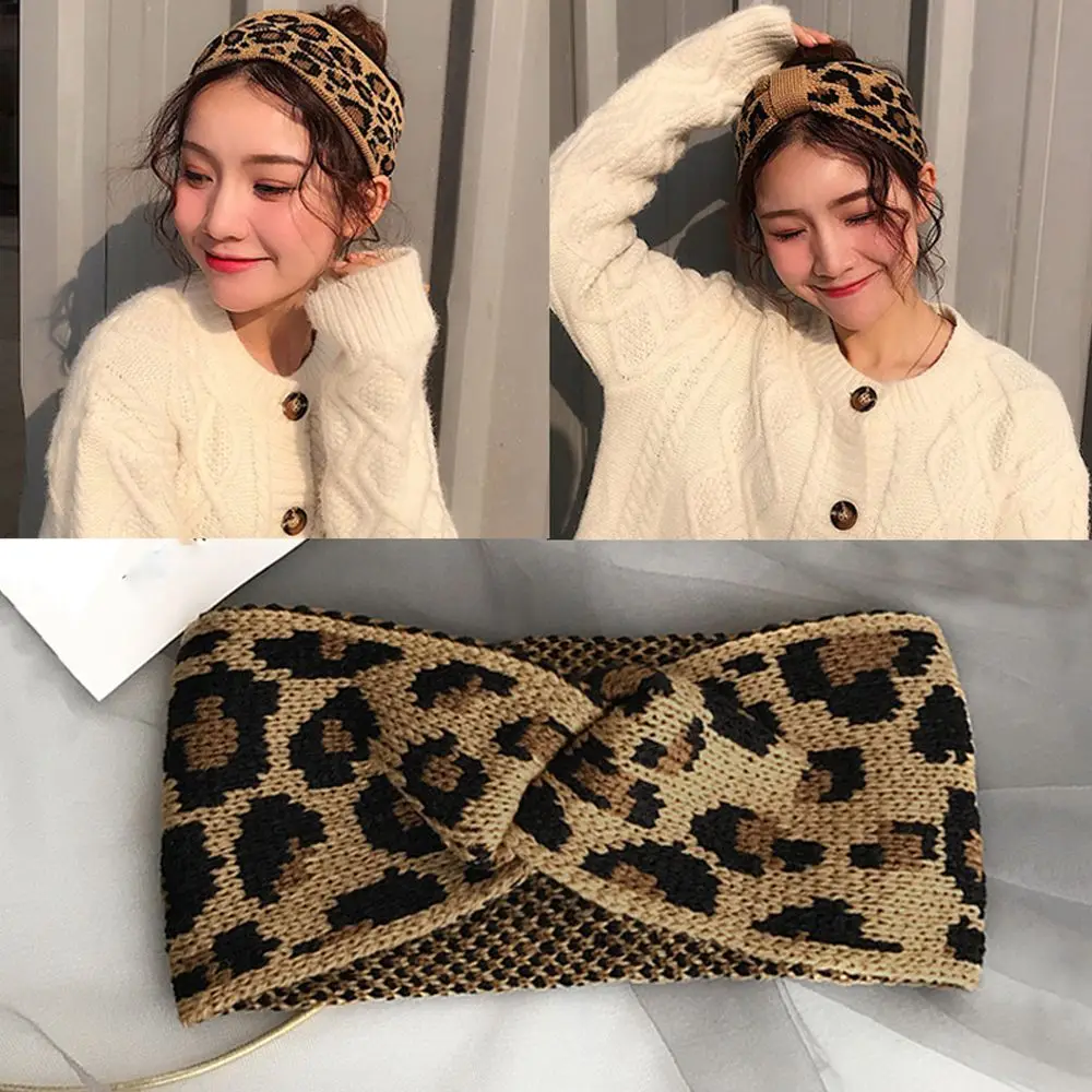 

Wide Winter Warm Hair Styling Leopard Headwear Crochet Head wrap Knitted Headband Bowknot Turban