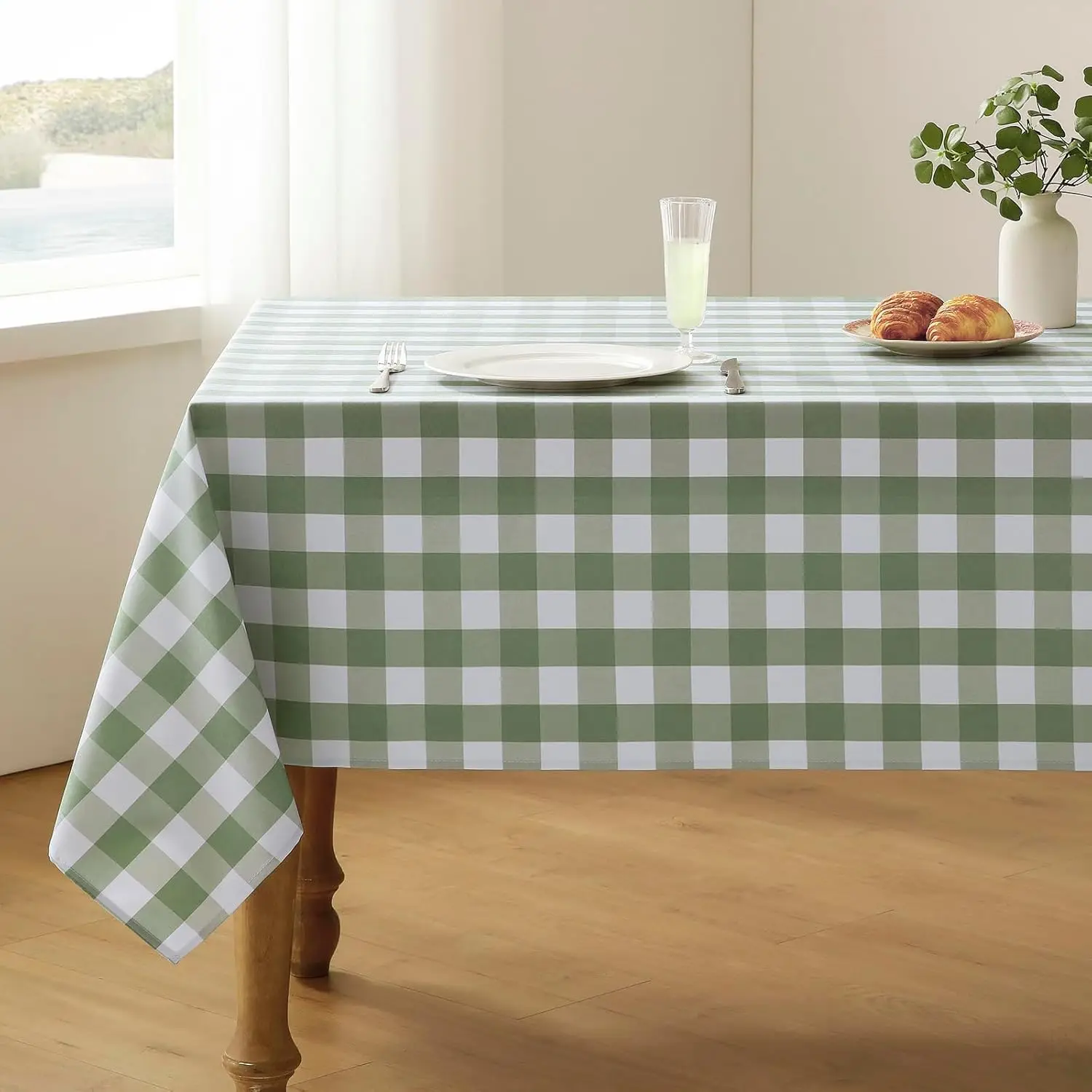 Sage Green White Checkered Waterproof Tablecloth Washable Buffalo Plaid Polyester Table Cloths Holiday Party Kitchen Table Decor