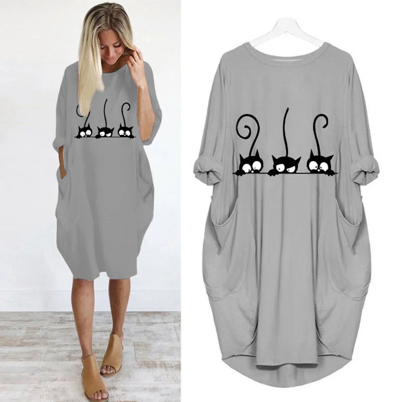 2022 Pocket Loose Woman Dress Vintage Fall Midi Clothes Party Casual Pregnant Korean Fashion Clothes Kawaii Cat Cartoon Dresses