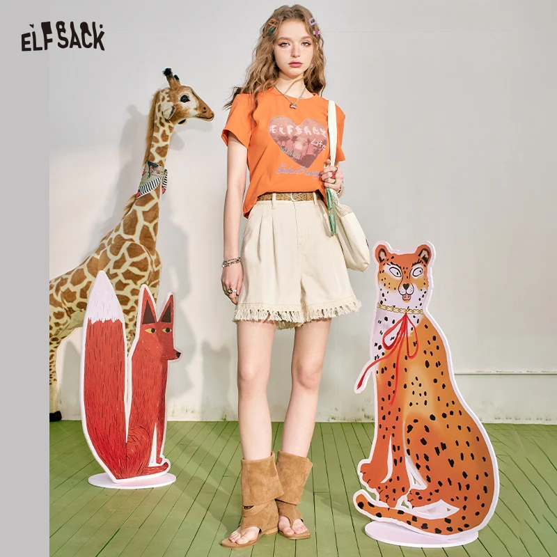 ELFSACK Beige High Waist Pleated Fringe Hem Denim Shorts with Woven Belt for Women