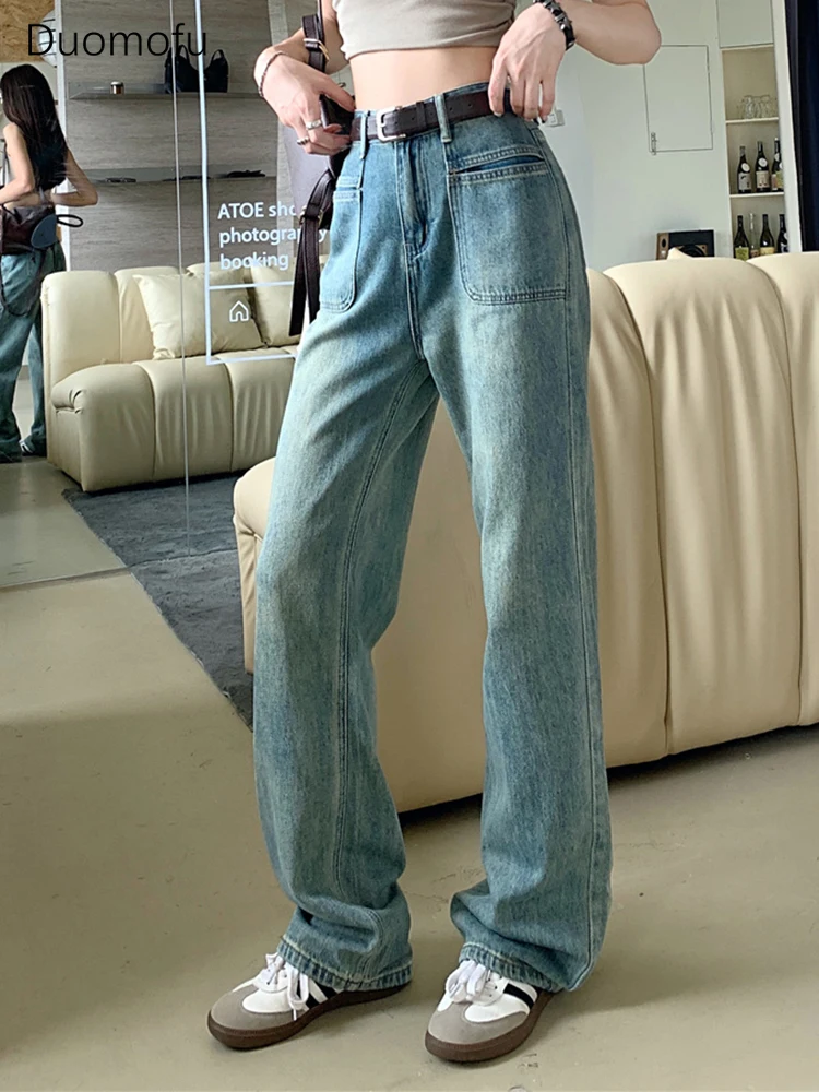 Duomofu Light Blue Fashion Pockets Street Casual Female Jeans Spring Vintage Classic Full Length Loose Straight S-XL Women Jeans