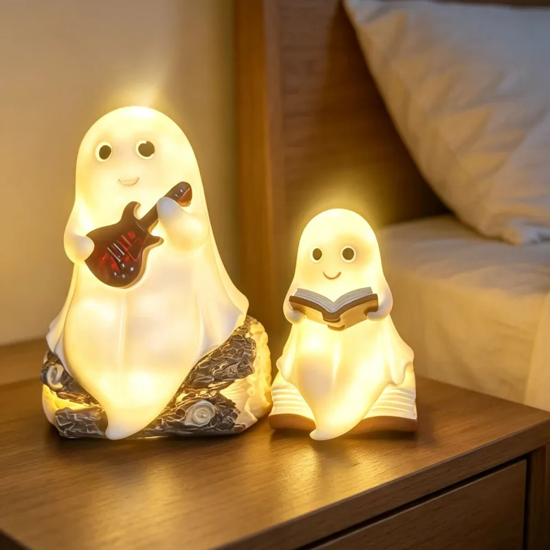 Ghost Night Reading Lamp Illuminated Resin Halloween Cute Guitar Ghost Figurine Table Shelf Home Decor Nightlight Ornament Gift