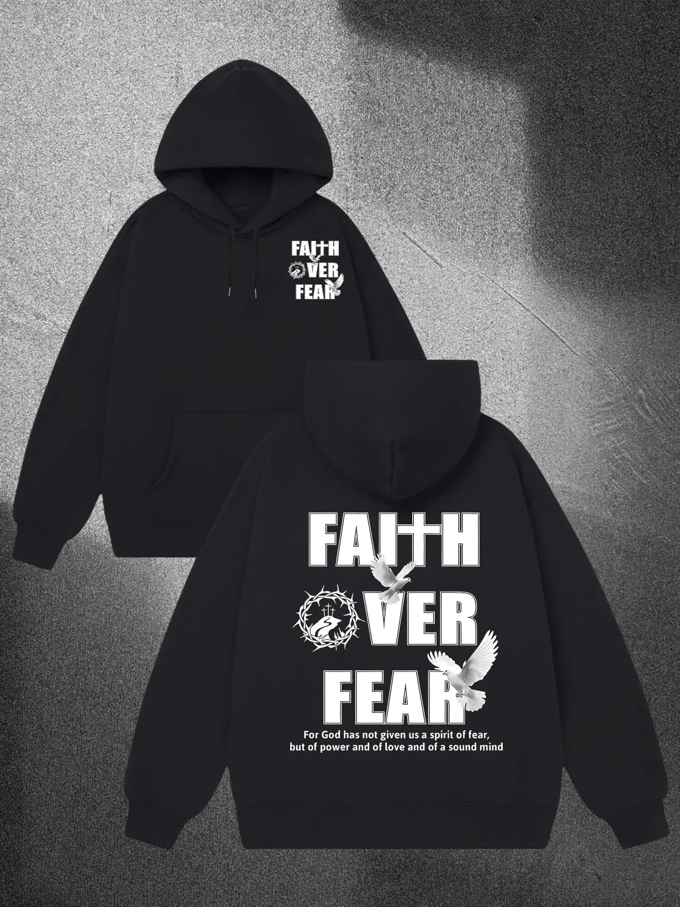 

Men's Christian faith beyond Fear hoodie with double-sided printed religious patterns and Bible verses (Psalm 23:4)