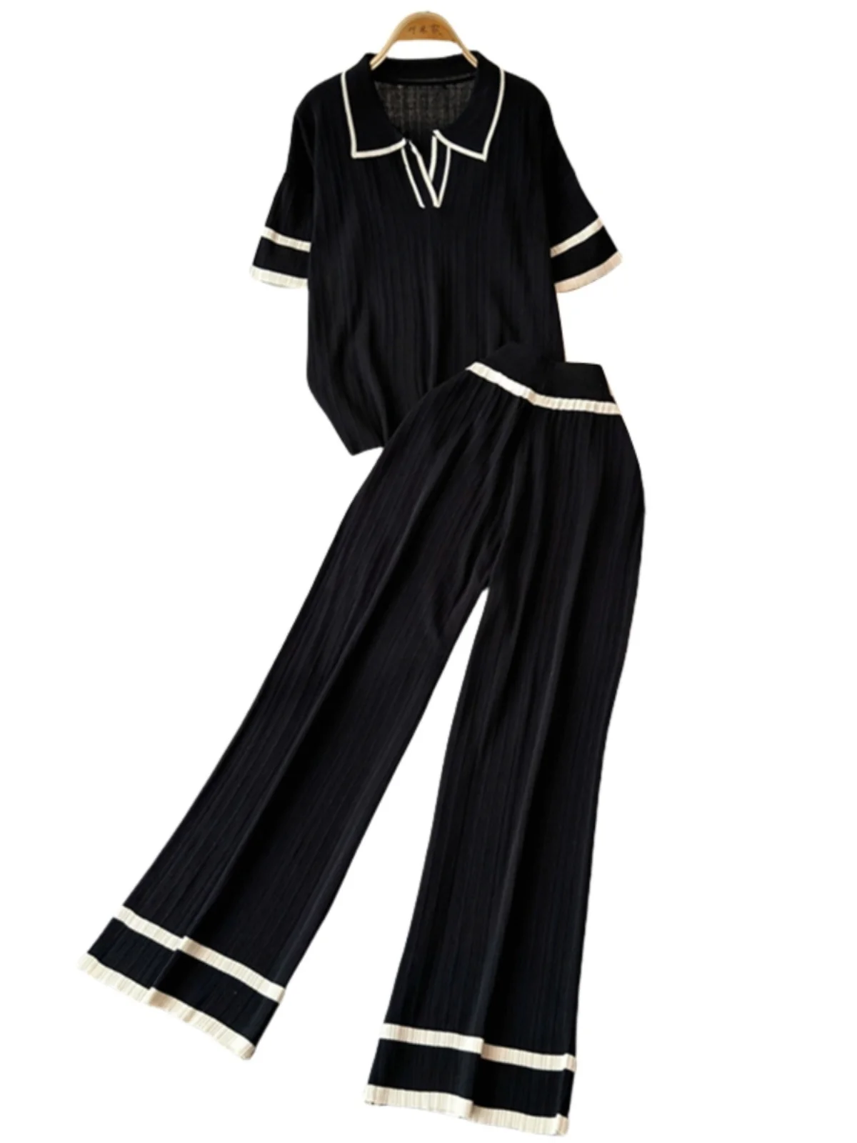 Summer Autumn Knitting Sweater Pants Suits Women Wide Leg Pants Two-piece Set