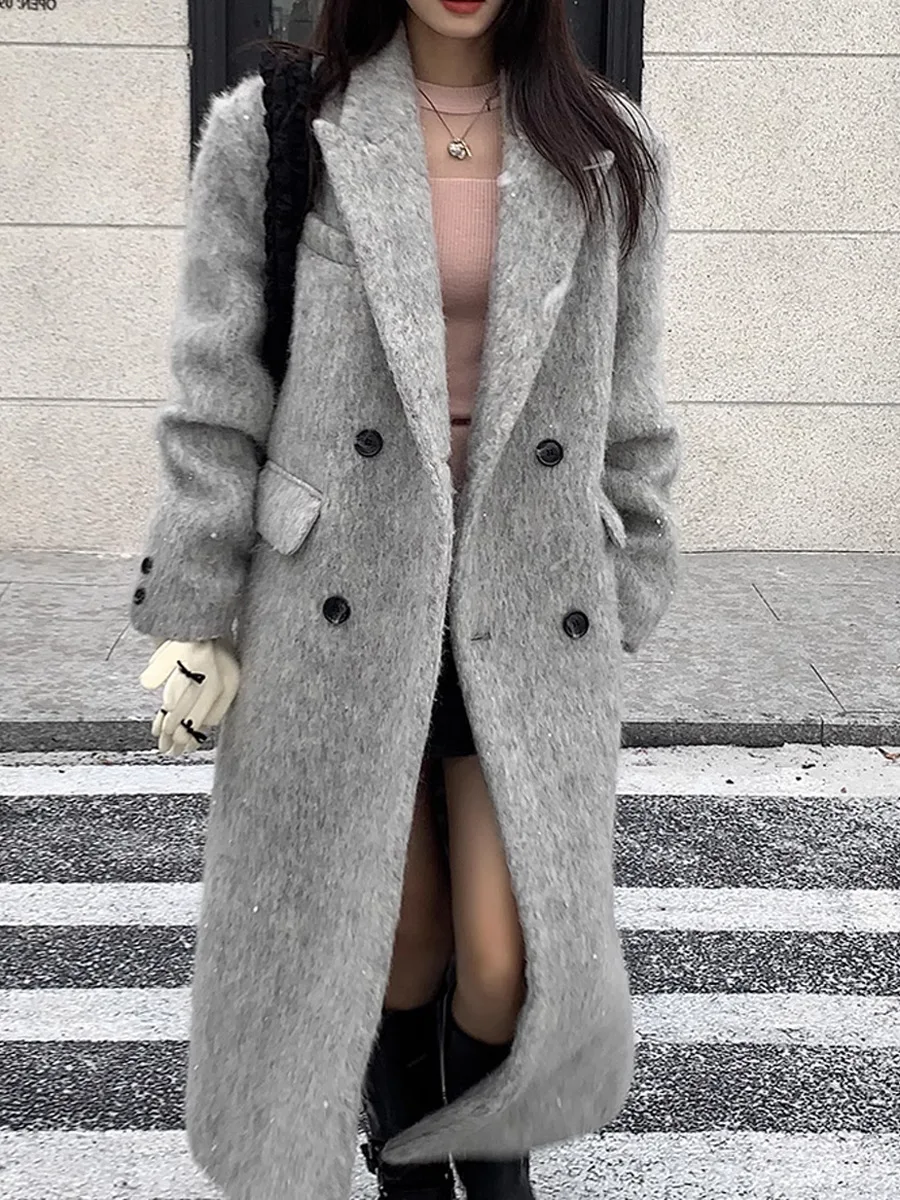 Retro soft woolen coat for women, long shoulder pads, Korean mohair suit collar versatile, thickened, loose simple 2023 winter