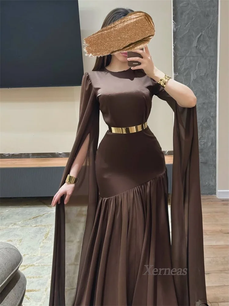 Abiti da festa eleganti personalizzati per le donne Jersey A Line Abiti da sera da ballo Maniche ad aletta Abiti da cocktail lunghi fino al pavimento Marrone