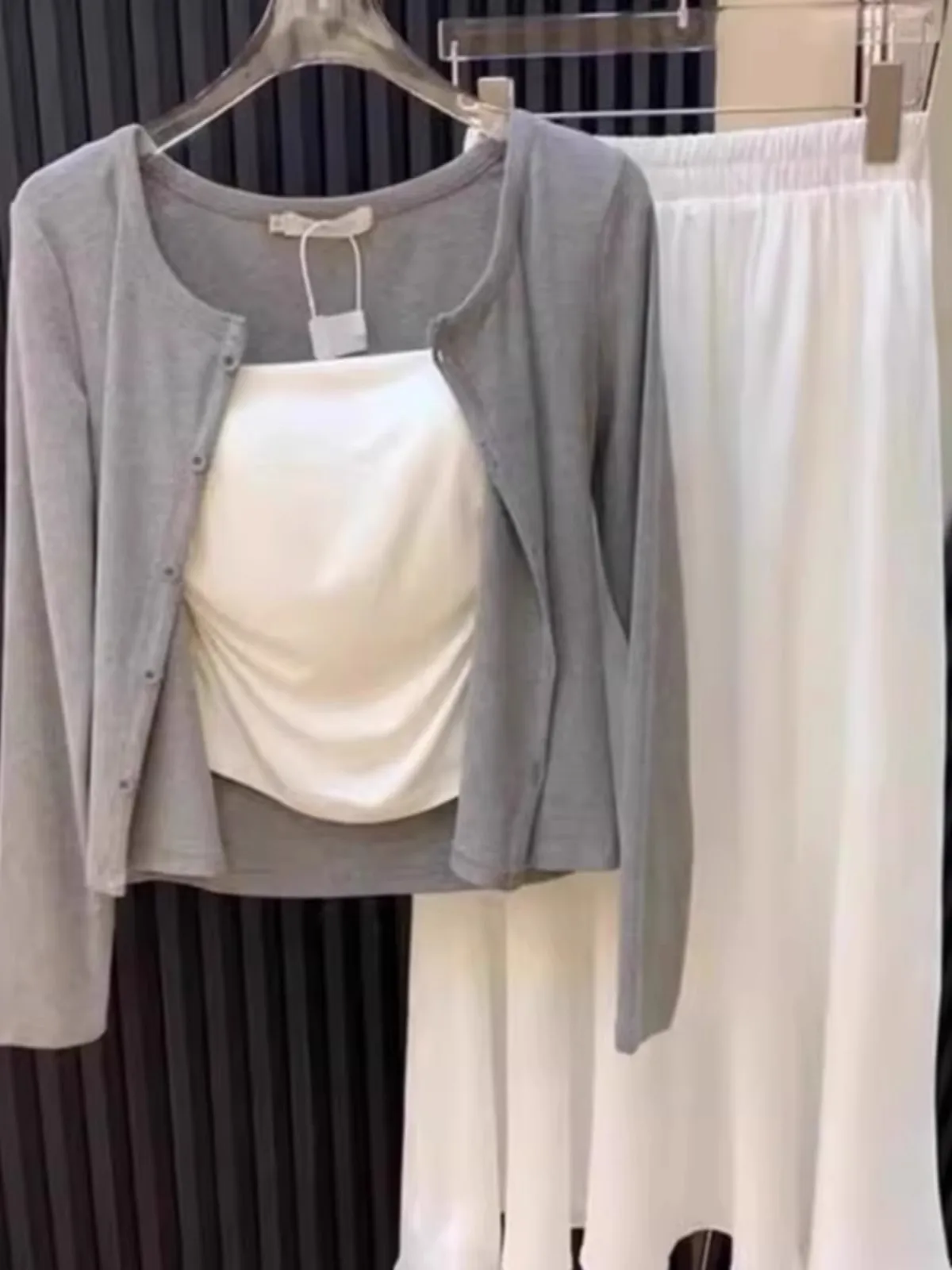 Gray Knitted Sun Protection Cardigan Women's Summer Slim Fit Strap Two-Piece Set Fashionable Commute Style Polyester Fiber