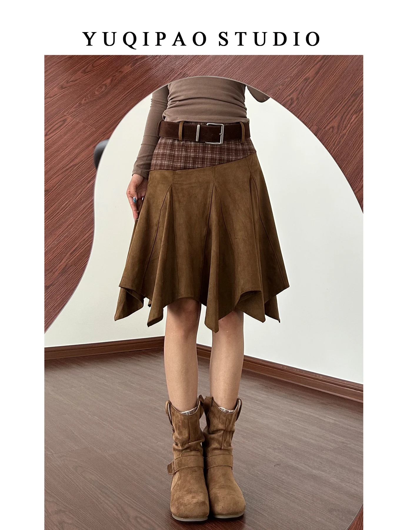 

Юбка А-силуэта с высокой талией, асимметричная, в клетку, для женщин, повседневная, больших размеров, коричневая, асимметричная, средней длины