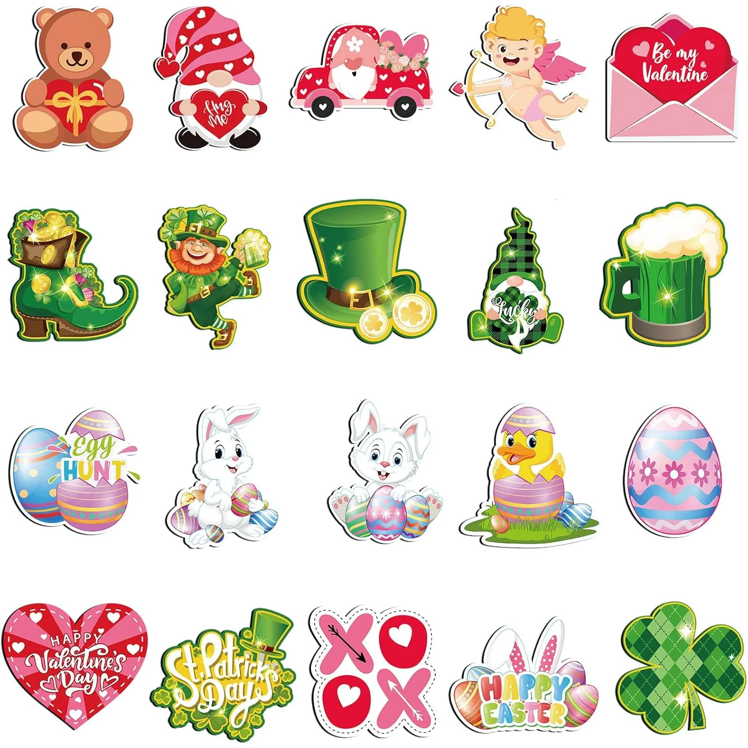 20Pcs Holiday Magnets Valentines St. Patrick's Day Easter Refrigerator Magnets Love Gnome Truck Metal Magnetic Stickers Shamrock