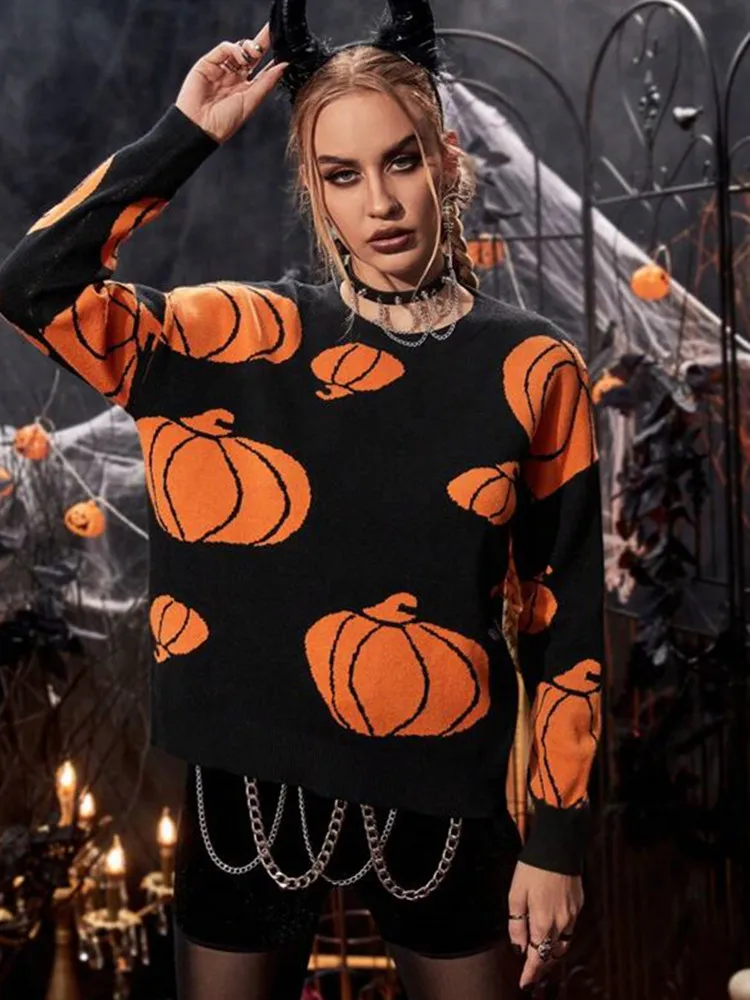 Yangelo Fairy Grunge Pumpkin Printed Sweater Techwear Women\'s Knitted Top Halloween Party Loose Warm Girl Pullover