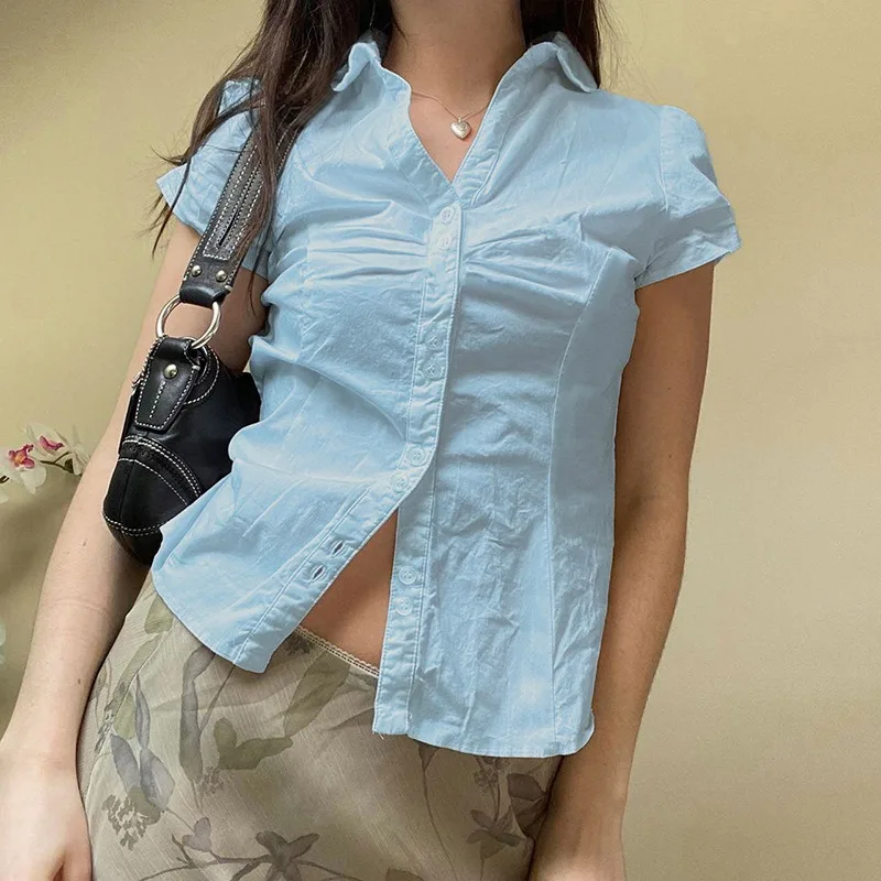 2025 Nowy lekki i dojrzały styl Niszowy projekt Plisowany pasek w talii Jednolity kolor Krótki rękaw Slim Koszula dojeżdżająca do pracy Kobiety