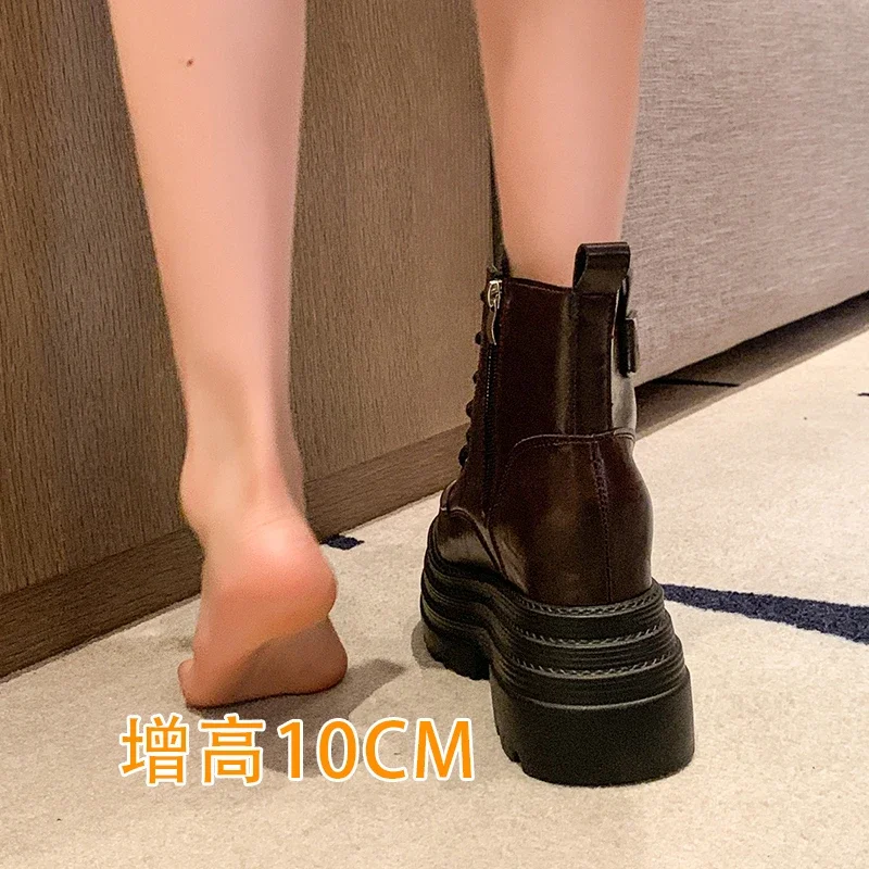 10CM New Women Warm Fur Leather Ankle Boots 2025 Winter High Platform Wedge British Chunky Booties Woman Ladies Motorcycle Boots