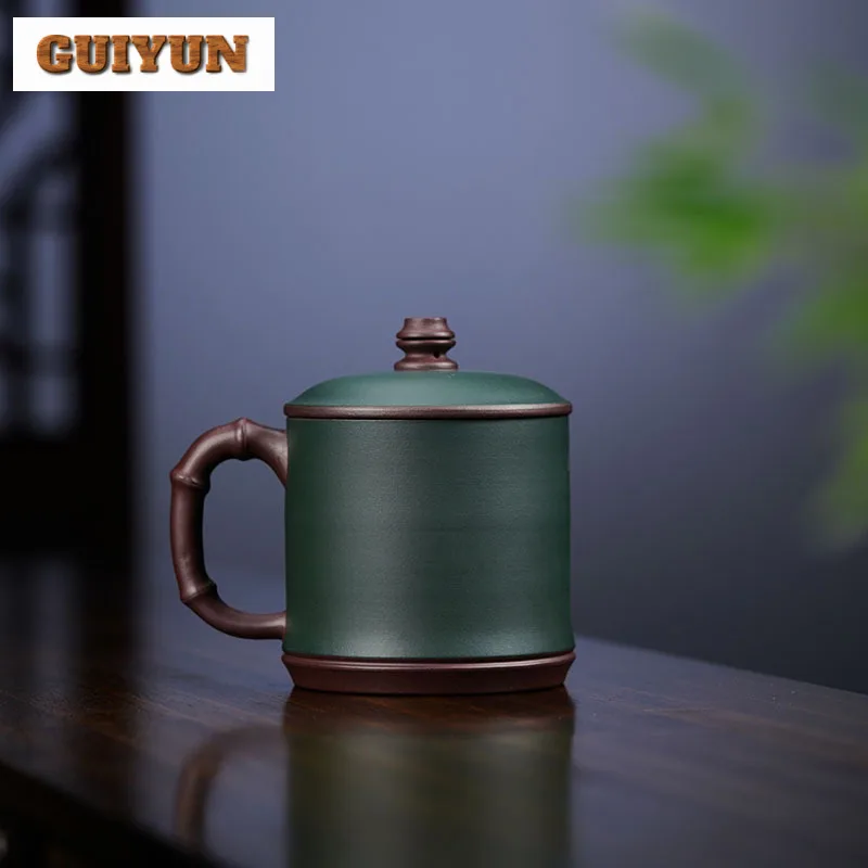 450ml Handmade Carved Landscape Zisha Teacup Bamboo Knot Purple Clay Cover Mug Office Work Mug With Lid Yixing Teaset Customized